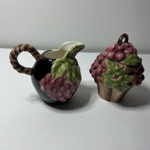 Young’s Heartfelt Kitchen Creations Grapes on black Set of Creamer And Sugar